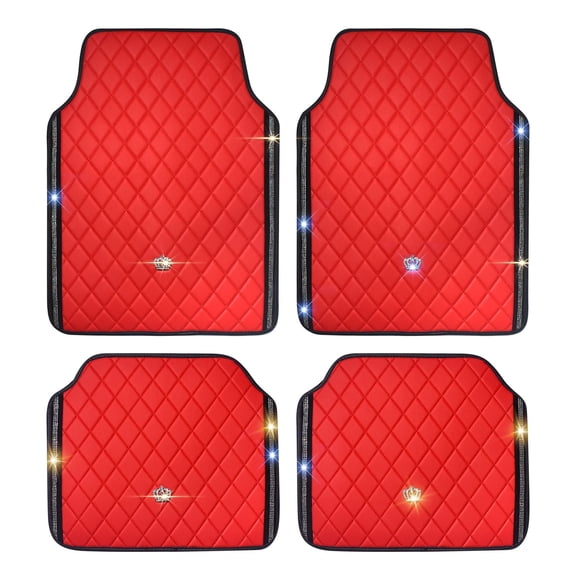 Bling Car Floor Mats, PVC Leather Anti-Slip Automative Floor Mats with Shining Diamond Rhinestone Crown, Sparkly Glitter Crystal Carpet, Universal Fit Automotive SUV, Sedan, Van, 4pcs for Girl Woman