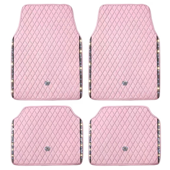 Bling Car Floor Mats, PVC Leather Anti-Slip Automative Floor Mats with Shining Diamond Rhinestone Crown, Sparkly Glitter Crystal Carpet, Universal Fit Automotive SUV, Sedan, Van, 4pcs for Girl Woman