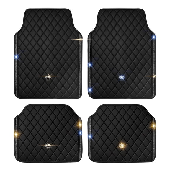Bling Car Floor Mats, PVC Leather Anti-Slip Automative Floor Mats with Shining Diamond Rhinestone Crown, Sparkly Glitter Crystal Carpet, Universal Fit Automotive SUV, Sedan, Van, 4pcs for Girl Woman