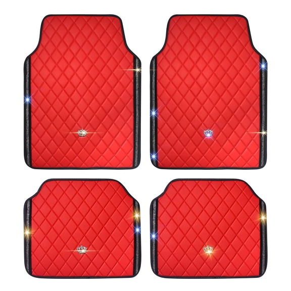Bling Car Floor Mats, PVC Leather Anti-Slip Automative Floor Mats with Shining Diamond Rhinestone Crown, Sparkly Glitter Crystal Carpet, Universal Fit Automotive SUV, Sedan, Van, 4pcs for Girl Woman