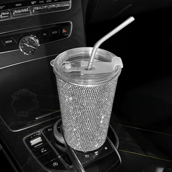 Bling Car Home Encrusted Beverage Cup Simple Fashion Rhinestones Encrusted Stainless Steel Straw Coffee Cup Straight Slim 550ml