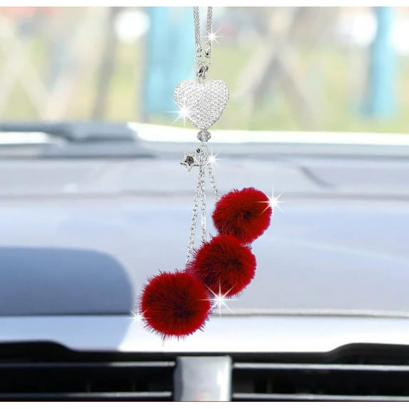 Bling Car Interior Accessories,Happon Car Mirror Hanging Ornament for Women,Plush Ball Decor Ornament Pendant, Car Hanging Decoration Charm Pendant (Red)