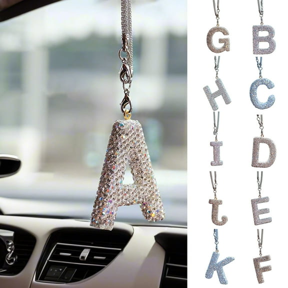 Bling Car Letter Charm Faux Crystal Letter Pendant Car Rear View Mirror Hanging Rhinestone Alphabet Ornament for Car Tree Accessory
