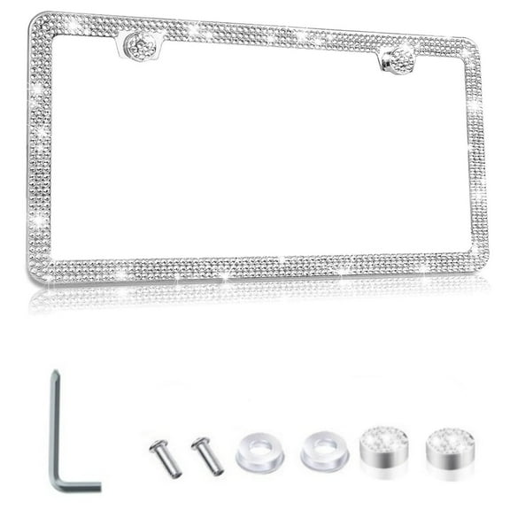 Bling Car License Plate Frames,Stainless Steel Rhinestone License Plate Holder,Topboutique Glitter Diamond Car License Plate Cover for Women,2 Holes Frame with Screw Caps,White