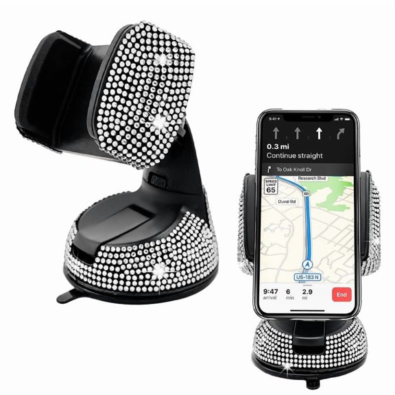 Bling Car Phone Holder, 360° Adjustable Rhinestone Shiny Dashboard Phone Stand, Universal Crystal Phone Mount Holder for Windshield, Car Accessories for Women (White)