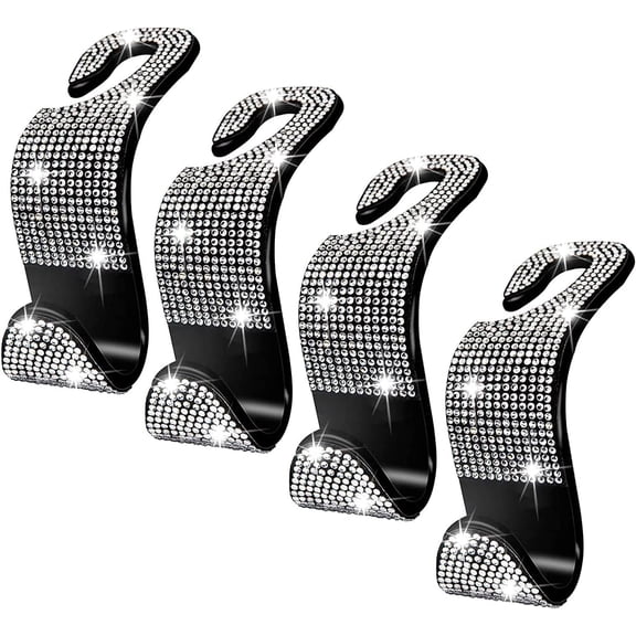 Bling Car Seat Back Headrest Holder Rhinestones Hook For Car Bag Coat Organiser Holder Universal Car Seat Net Pocket Holder Set (Silver-4Pack)