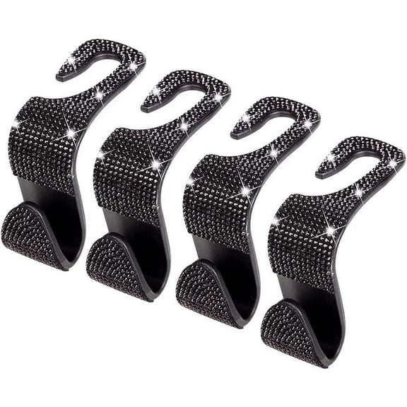Bling Car Seat Back Headrest Holder Rhinestones Hook for Car Bag Coat Organiser Holder Universal Car Seat Net Pocket Holder Set (Black-4Pack)