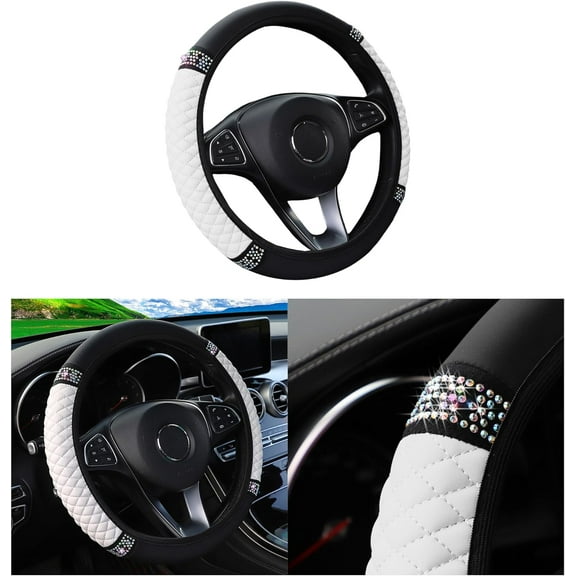 Bling Car Steering Wheel Cover, 15 Inch Rhinestones Soft Leather Elastic Steering Wheel Protector, Sparkly Crystal Diamond for Women Girls, Car Interior Accessories for Most Cars (White)