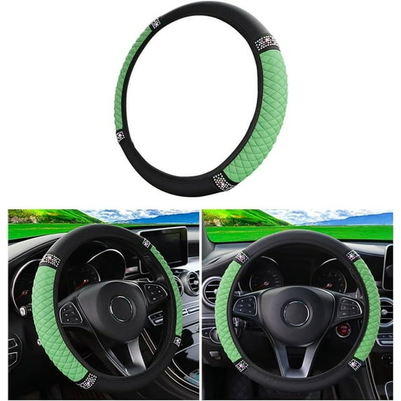 Bling Car Steering Wheel Cover, 15 Inch Rhinestones Soft Leather Elastic Steering Wheel Protector, Sparkly Crystal Diamond for Women Girls (Green)