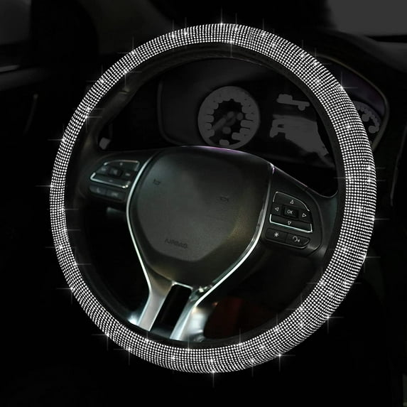 Bling Car Steering Wheel Cover, Crystal Rhinestone Steering Wheel Cover Universal, 15 Inch Car Steering Wheel Protector for Women or Girls, Easy Installation and Cleaning (Silver White)