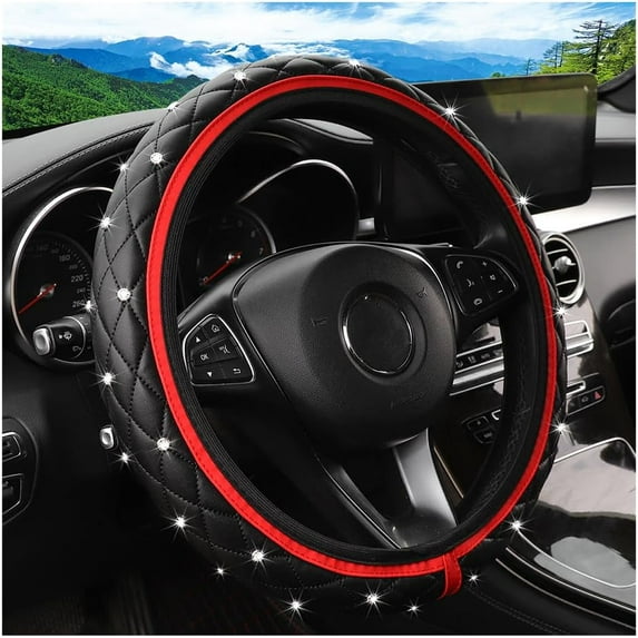 Bling Car Steering Wheel Cover, Non-Slip Elastic Stretch Leather Auto Steering Wheel Protector, Sparkling Diamond Vehicle Decor Accessories for Women, Universal for Vehicles, Red