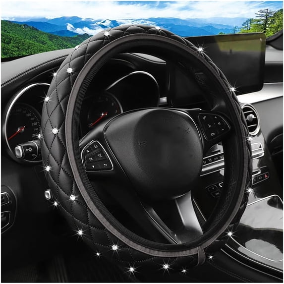 Bling Car Steering Wheel Cover, Non-Slip Elastic Stretch Leather Auto Steering Wheel Protector, Sparkling Diamond Vehicle Decor Accessories for Women, Universal for Vehicles, Gray