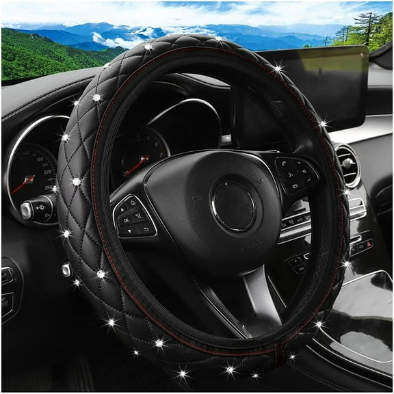 Bling Car Steering Wheel Cover, Non-Slip Elastic Stretch Leather Auto Steering Wheel Protector, Sparkling Diamond Vehicle Decor Accessories for Women, Universal for Vehicles, Black