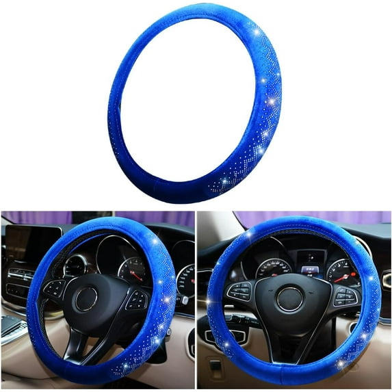 Bling Car Steering Wheel Cover Soft Velvet Crystal Rhinestones Cute Car Interior Accessories Universal 15 Inch Steering Wheel Protector Fluffy for Winter Warm, Blue