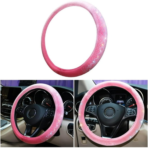 Bling Car Steering Wheel Cover Soft Velvet Crystal Rhinestones Cute Car Interior Accessories Universal 15 Inch Steering Wheel Protector Fluffy for Winter Warm, Pink