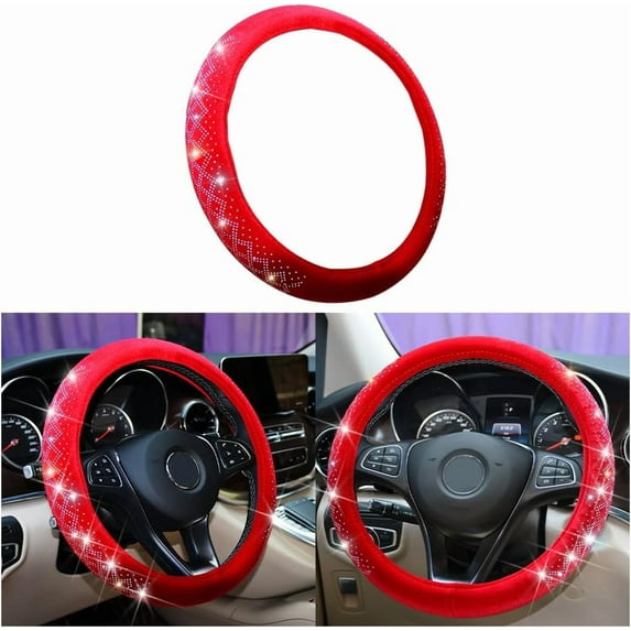 Bling Car Steering Wheel Cover Soft Velvet Crystal Rhinestones Cute Car Interior Accessories Universal 15 Inch Steering Wheel Protector Fluffy for Winter Warm, Red