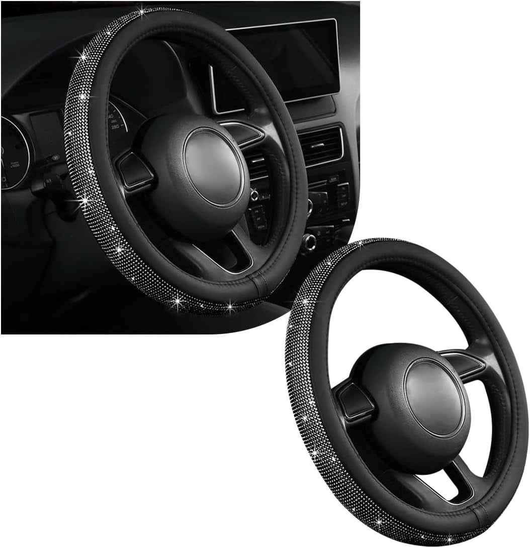 Bling Car Steering Wheel Cover, Sparkling Crystal Rhinestone Auto Wheel Protector, Anti Slip Cover Fit 15 Inch Steering Wheel for Women Girls, Universal Car Accessories (Black)