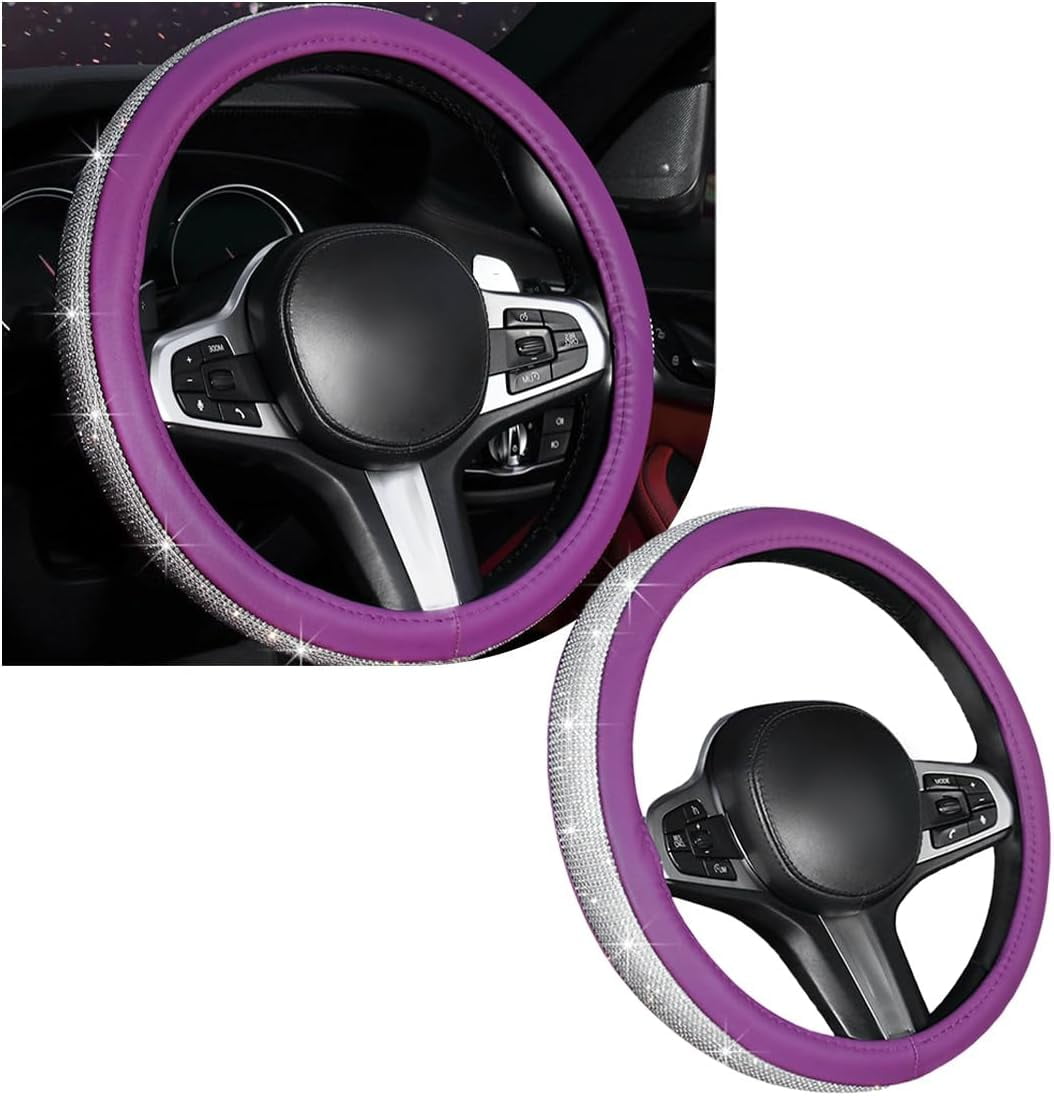 Bling Car Steering Wheel Cover, Sparkling Crystal Rhinestone Auto Wheel Protector, Anti Slip Cover Fit 15 Inch Steering Wheel for Women Girls, Universal Car Accessories (White+Purple)