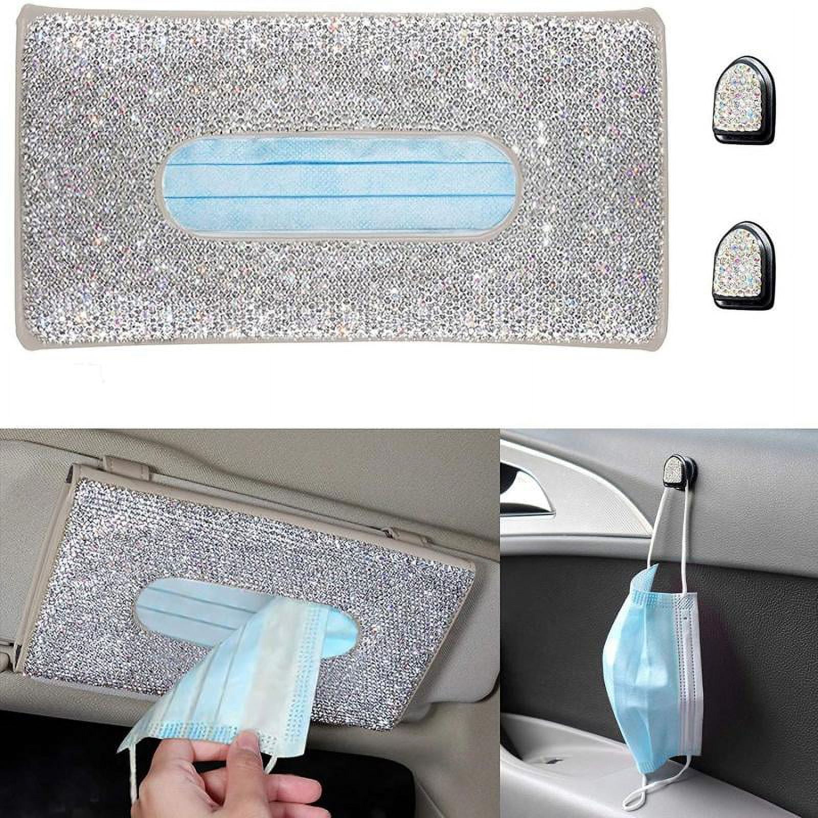 Bling Car Sun Visor Tissue Box Holder, Crystal Sparkling Napkin Holder, PU Leather Backseat