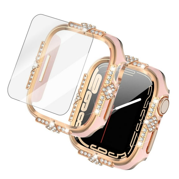 Bling Case for Apple Watch Series 11/10 42mm (2024) with Tempered Glass Screen Protector, Crystal Diamond Rhinestone Sparkling Full Protective Cover for iiWatch Series 11/10 42mm, Pink+Rosegold