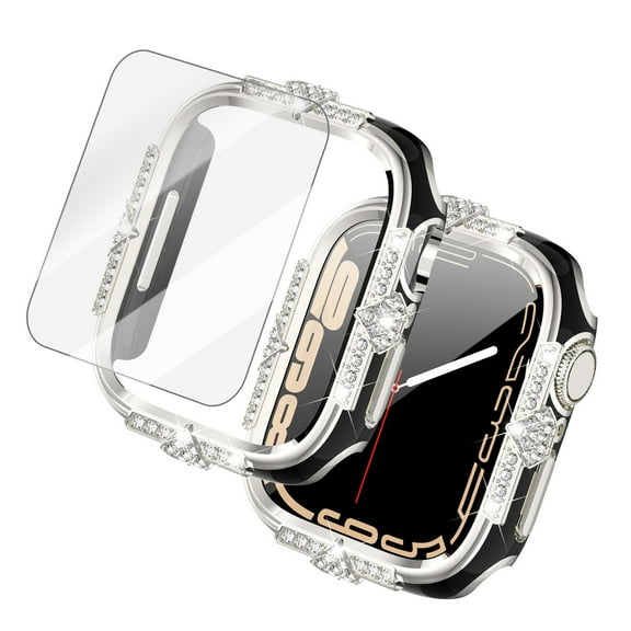 Bling Case for Apple Watch Series 6/5/4/SE 44mm with Tempered Glass Screen Protector, Crystal Diamond Rhinestone Sparkling Full Protective Cover for iWatch Series 6/5/4/SE 44mm, Black