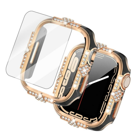 Bling Case for Apple Watch Series 9/8/7 45mm with Tempered Glass Screen Protector, Crystal Diamond Rhinestone Sparkling Full Protective Cover for iWatch Series 9/8/7 45mm, Black+Rosegold