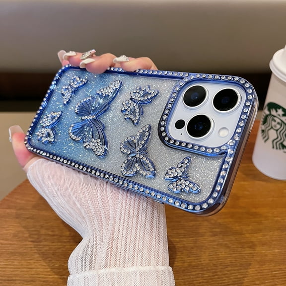 Bling Case for Apple iPhone 11 Pro Max, Glitter Rhinestone-Studded with Butterfly Design Shockproof Protection Luxury Phone Case for Girls Women, Blue