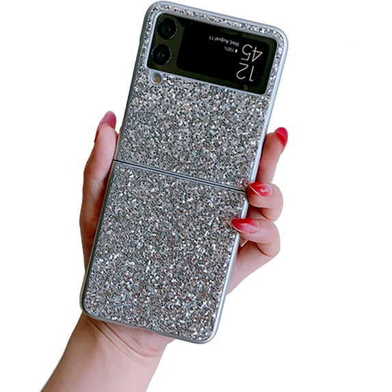 Bling Case Compatible with Samsung Galaxy Z Flip 3 5G 2021,Slim Galaxy Z Flip 3 Case Women Girly Cute Sparkly Glitter Sequins Crystal Diamond Hard PC Back Flexible TPU Bumper Case,Silver