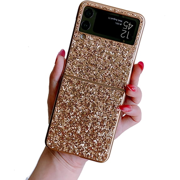 Bling Case Compatible with Samsung Galaxy Z Flip 3 5G 2021,Slim Galaxy Z Flip 3 Case Women Girly Cute Sparkly Glitter Sequins Crystal Diamond Hard PC Back Flexible TPU Bumper Case,Gold