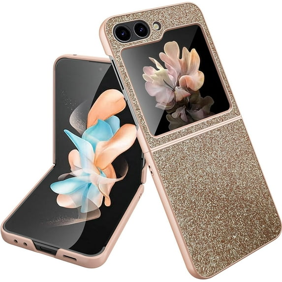 Bling Case Compatible Samsung Galaxy Z Flip 5 Phone Case with Screen Protector,Luxury Glitter Galaxy Flip 5 Case,Z Flip 5 Phone Cover for Samsung Galaxy Z Flip 5 Screen Protector Case Women Gold