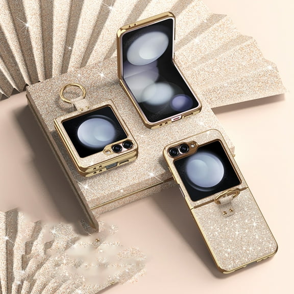 Bling Case for Samsung Galaxy Z Flip 4 with Ring Holder, Women Girls Ultra Slim Drop-Proof Anti-Slip Shockproof Protective Phone Cover Case for Samsung Galaxy Z Flip 4,Gold