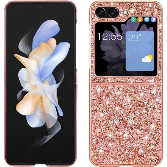 Bling Case for Samsung Galaxy Z Flip 5 5G,Slim Galaxy Z Flip 5 Case Women Girly Cute Sparkly Glitter Sequins Crystal Diamond Hard PC Back Flexible TPU Bumper Case,Rose Gold