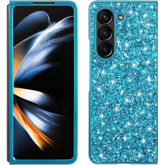 Bling Case for Samsung Galaxy Z Fold 5 5G,Slim Galaxy Z Fold 5 Case Women Girly Cute Sparkly Glitter Sequins Crystal Diamond Hard PC Back Flexible TPU Bumper Case,Blue