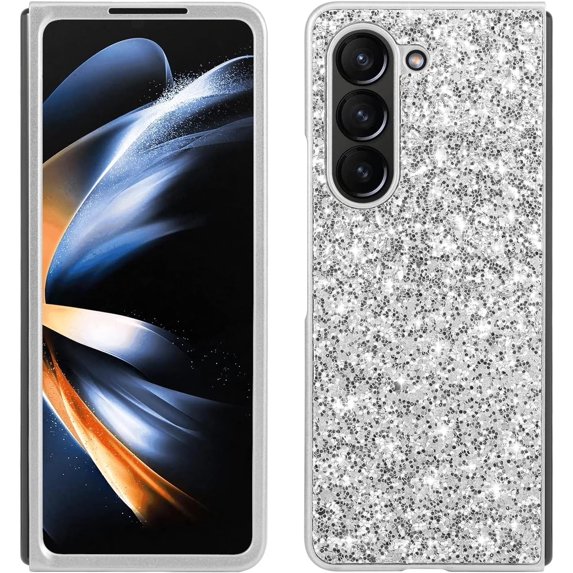 Bling Case for Samsung Galaxy Z Fold 5 5G,Slim Galaxy Z Fold 5 Case Women Girly Cute Sparkly Glitter Sequins Crystal Diamond Hard PC Back Flexible TPU Bumper Case,Silver
