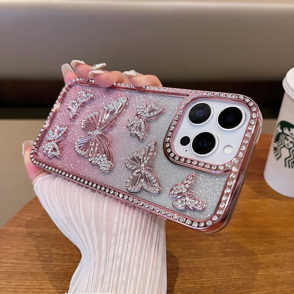 Bling Case for Apple iPhone 11, Glitter Rhinestone-Studded with Butterfly Design Shockproof Protection Luxury Phone Case for Girls Women, Pink