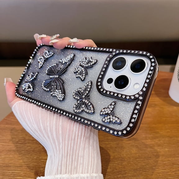 Bling Case for Apple iPhone 13, Glitter Rhinestone-Studded with Butterfly Design Shockproof Protection Luxury Phone Case for Girls Women, Black