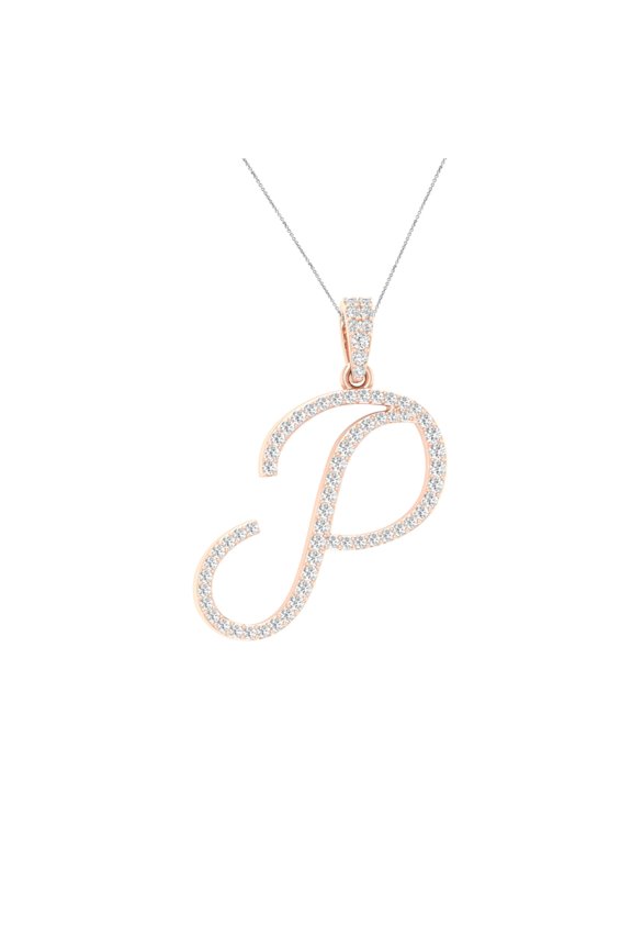 Alphabet P Letter Pendant Unisex 0.52 Ct Round Moissanite Cursive Initial 14k Rose Gold Plated (Color D, VVS1)