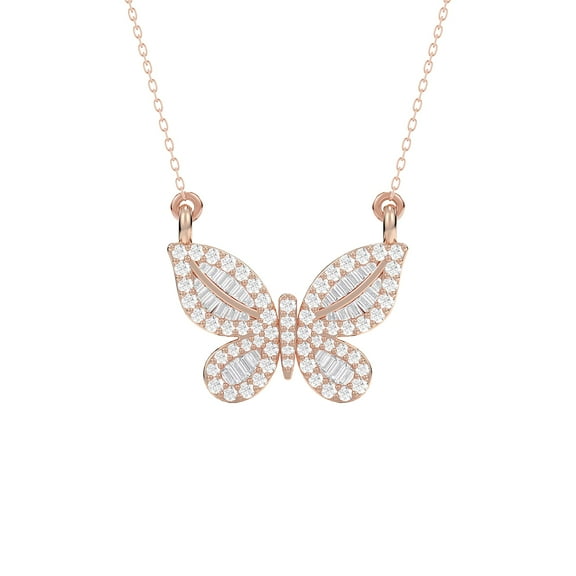 Bling Craft Butterfly Necklace Pendant for Women 1.06 Ct Round & Baguette Moissanite 14k Rose Gold Plated 925 Sterling Silver (Color D, VVS1)