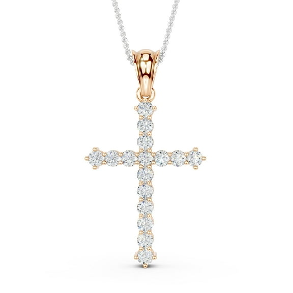 Bling Craft Cross Necklace Unisex 14k Rose Gold Plated 925 Sterling Silver 0.96 Ct Round Moissanite Cross Faith Pendant (Color D, VVS1)