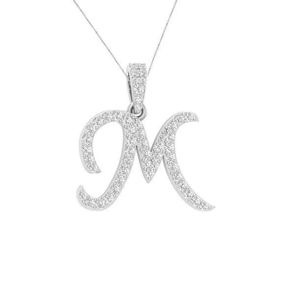 Bling Craft Cursive M Initial Letter Pendant Unisex 0.32 Ct Round Moissanite 14k White Gold Plated 925 Sterling Silver (Color D, VVS1)