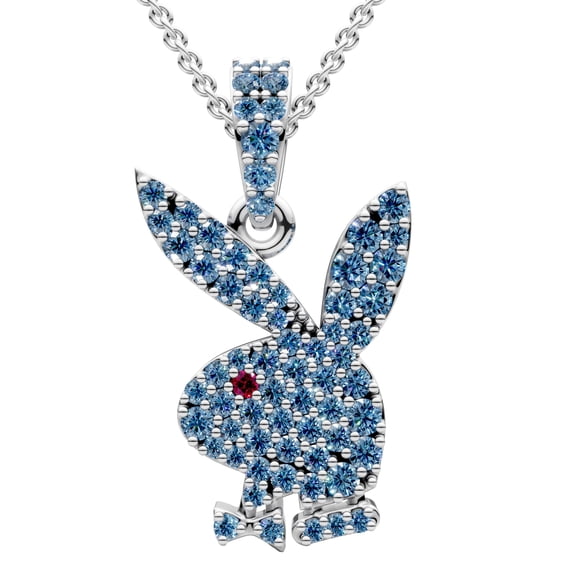 Bling Craft Hip Hop Bunny Pendant Round Blue Red Gemstone Unisex Playboy Pendant 14k White Gold Plated 925 Sterling Silver