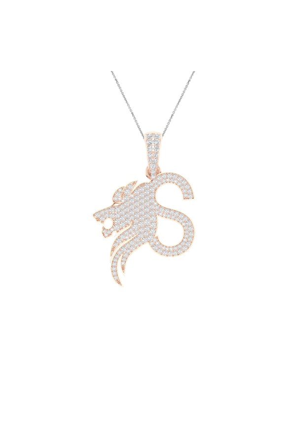 S Initial Pendant for Men 1.16 Ct Round Moissanite Lion Hip Hop Iced Out Letter 14k Rose Gold Plated 925 Sterling Silver (Color D, VVS1)