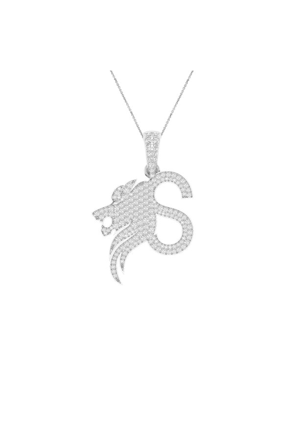 S Initial Pendant for Men 1.16 Ct Round Moissanite Lion Hip Hop Iced Out Letter 14k White Gold Plated 925 Sterling Silver (Color D, VVS1)