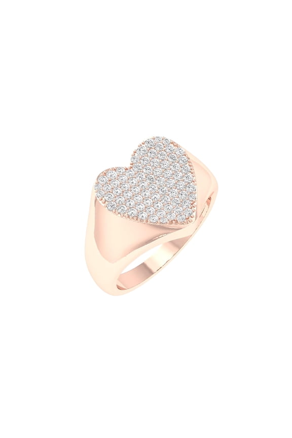 Signet Heart Ring Unisex Hip Hop Iced Out 0.57 ct Round Moissanite 14k Rose Gold Plated 925 Sterling Silver Size 9 (Color D, VVS1)
