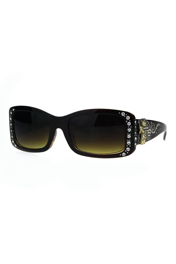 Bling Crucifix Cross Jewel Rhinestone Rectangular Fashion Sunglasses All Brown