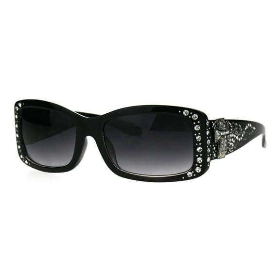 Bling Crucifix Cross Jewel Rhinestone Rectangular Fashion Sunglasses Black Smoke