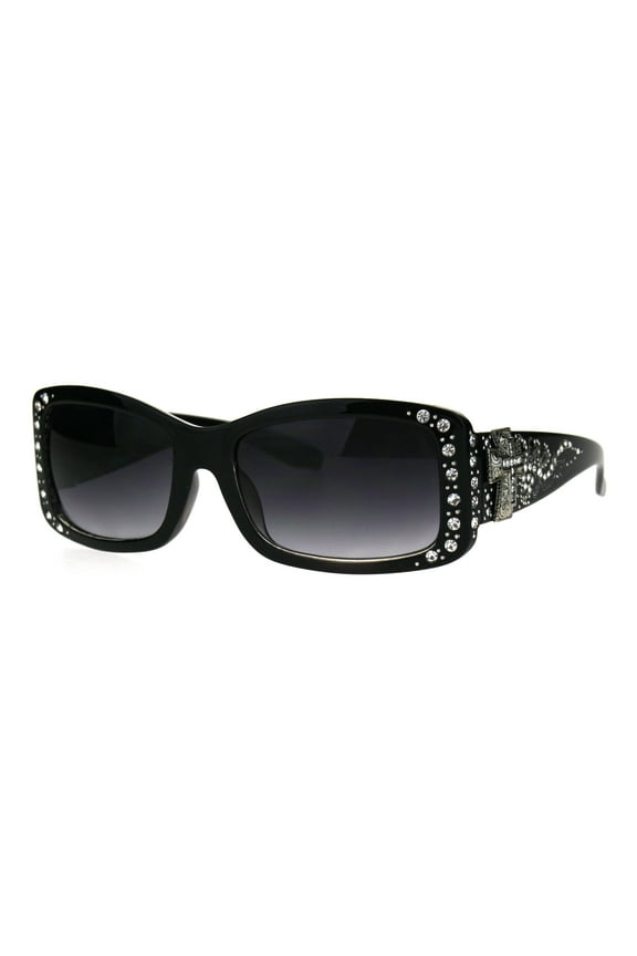 Bling Crucifix Cross Jewel Rhinestone Rectangular Fashion Sunglasses Black Smoke