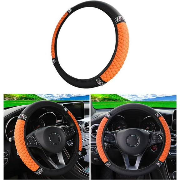 Bling Crystal Diamond Car Steering Wheel Cover for Women Girls, 15 Inch Soft Leather Sparkly Steering Wheel Protector, Universal Stretch Fit for Most Cars Orange