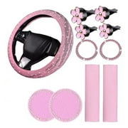 Bling Crystal Diamond Steering Wheel Cover, 13Pcs Shiny Rhinestone Sparkling Car Interior Decorations, Car Accessories for Women Girls,-Pink