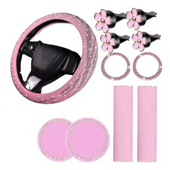 Bling Crystal Diamond Steering Wheel Cover, 13Pcs Shiny Rhinestone Sparkling Car Interior Decorations, Car Accessories for Women Girls,-Pink